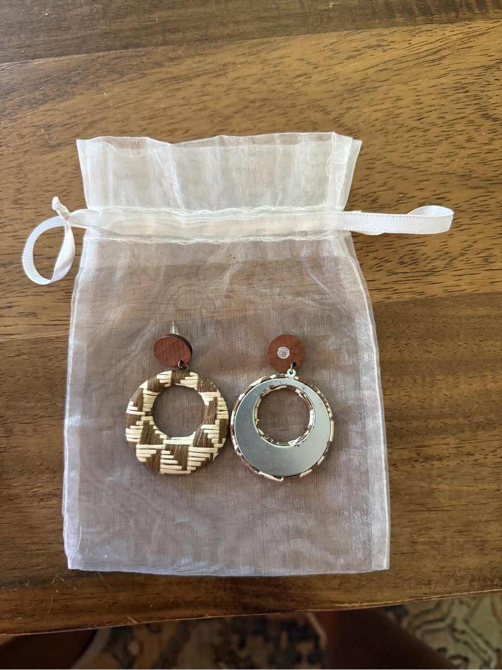 Handcrafted Two-Tone Wood and Woven Hoop Earrings - Cream & Brown